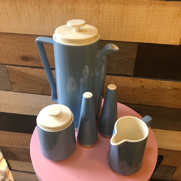 Mid Century Blue and Creamy White Coffee Pot Set - Picture 2 of 8